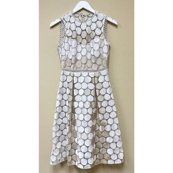 Shoshanna White Metallic Circle Lace Glengarry Cocktail Midi Dress Size 0 - Picture 3 of 15